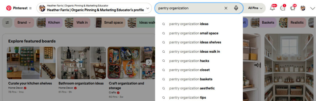 using the search bar for keyword research on Pinterest