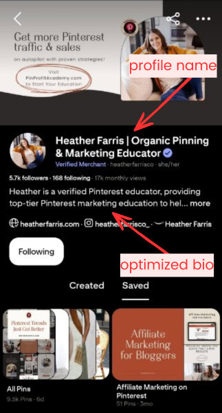optimized Pinterest profile example for content marketing on pinterest