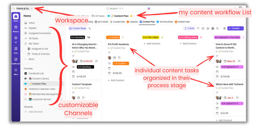 blogging workflow and content plan in clickup