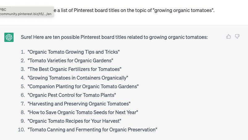chaptgpt prompt ideas for pinterest board titles