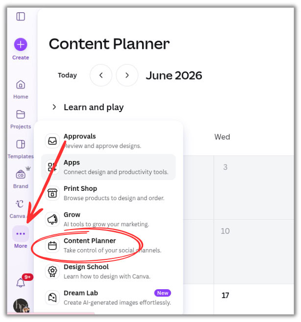 canva content planner in the side menu