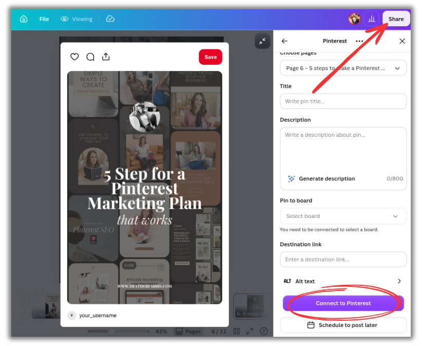 connecting your Pinterest account to the Canva content planner