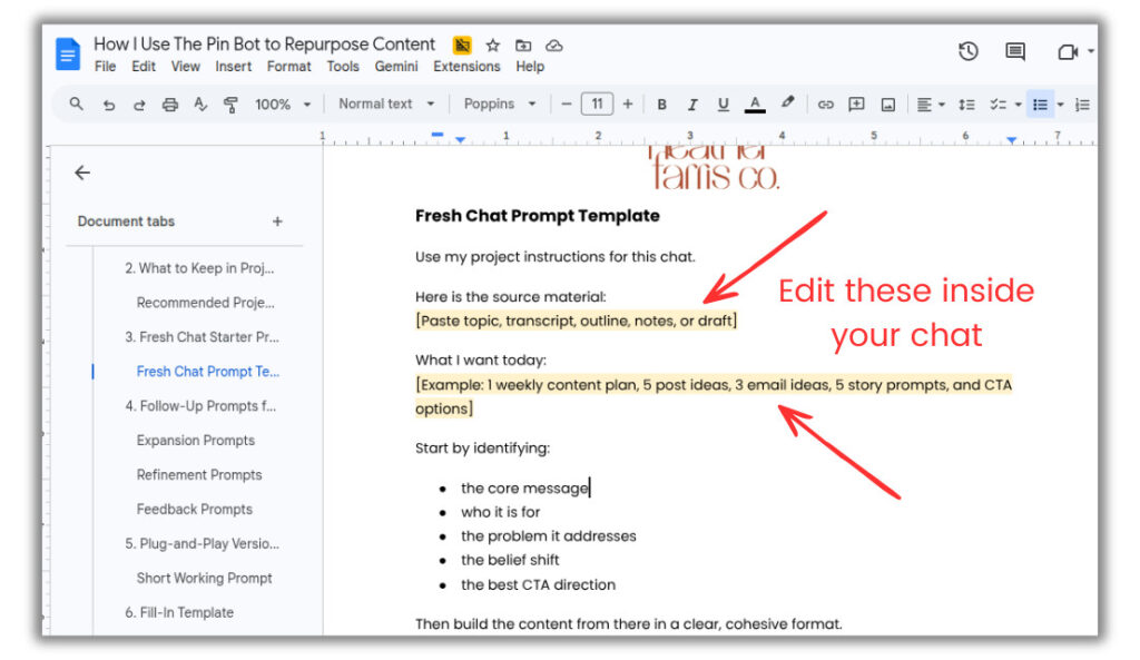 editing a fresh chat prompt template to start content repurposing