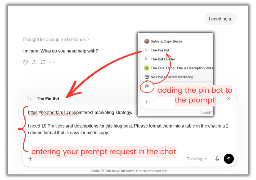 adding the pin Bot custom ChatGPT for Pinterest into your query chat