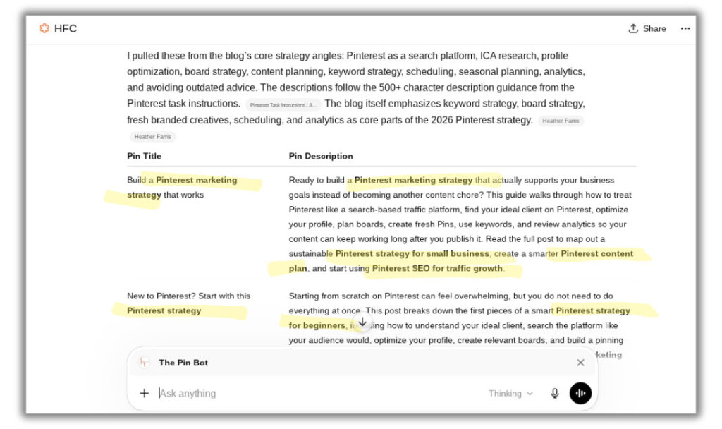 pin title and descriptions results from ChatGPT for Pinterest pin bot