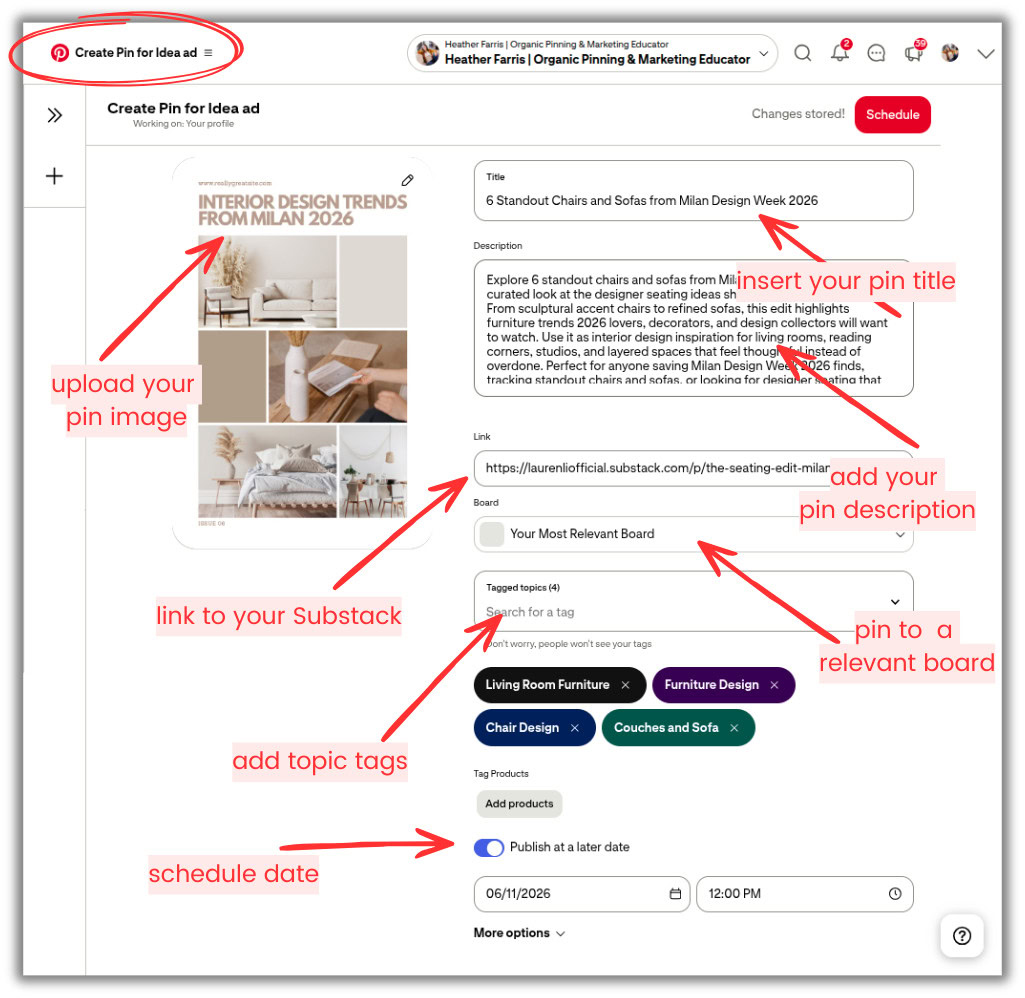 Pinterest strategy for Substack pins when publishing