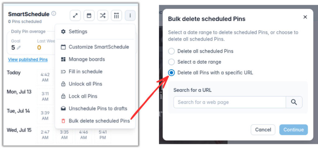 how to delete all pins with a specific URL in tailwind drafts