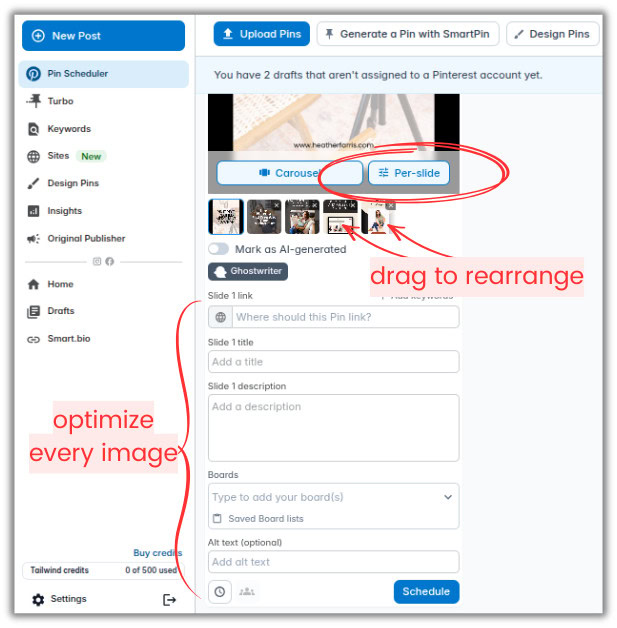 how to edit carousel pins in Tailwind for pinterest