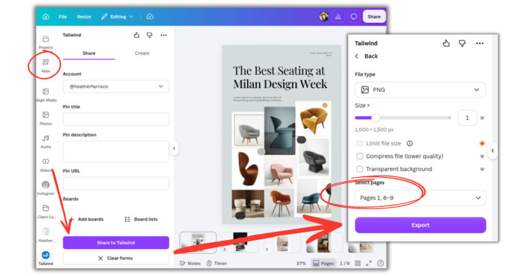 export pin designs from Canva to Tailwind