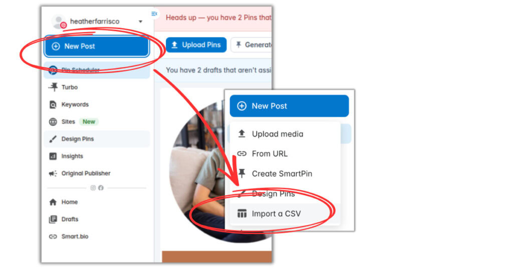 new post menu in Tailwind scheduling tool