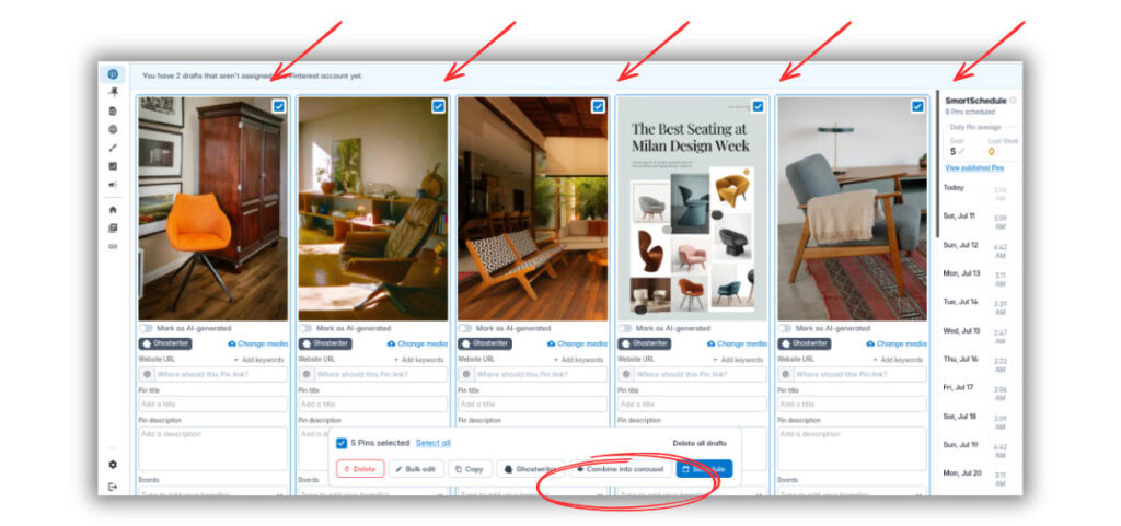 how to merge pin drafts into a carousel in tailwind