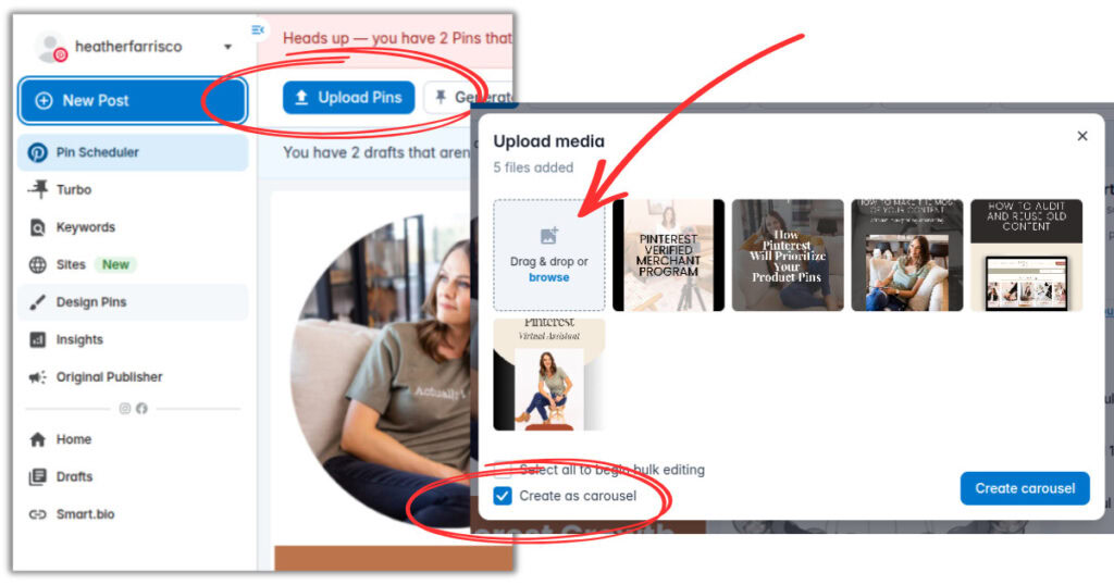 how to create carousel pins in Tailwind for pinterest